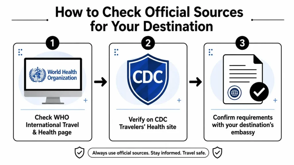Infographic showing how to verify travel health requirements using WHO, CDC Travelers’ Health, and destination embassies.