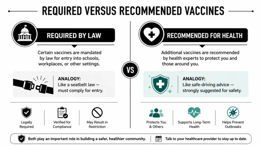 Infographic comparing legally required vaccines with health-recommended vaccines, including compliance and prevention benefits.