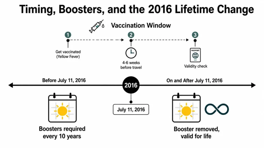 Yellow fever vaccination timeline showing travel timing and the 2016 change from 10-year boosters to lifetime validity.