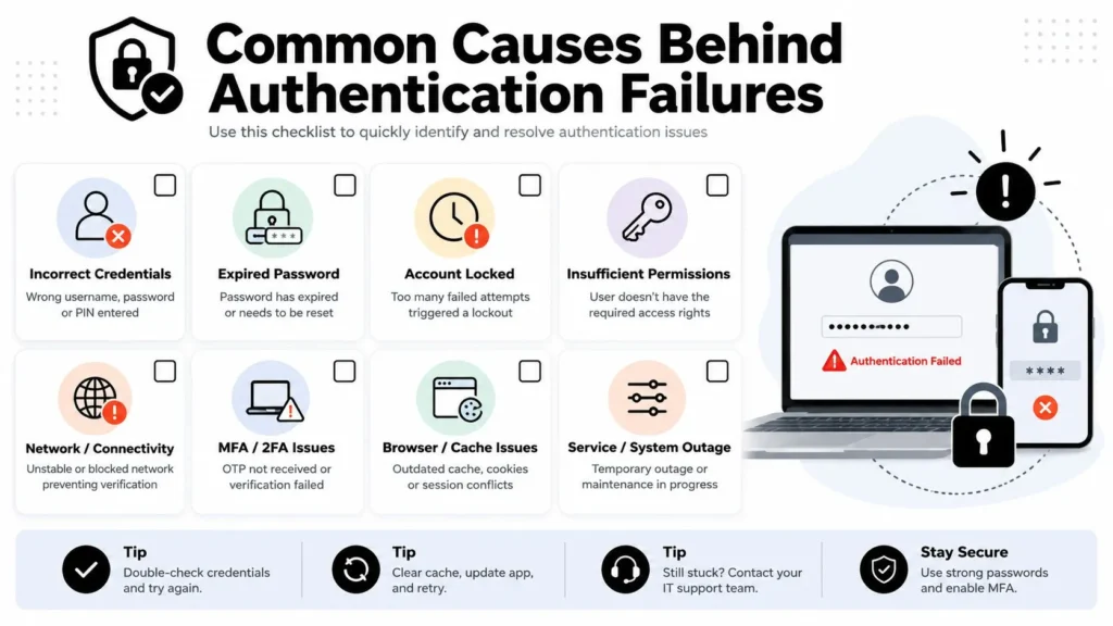 What Does Authentication Error Mean and How to Fix It Authentication failure infographic showing common causes including wrong credentials, expired passwords, 2FA, cache, and outages.