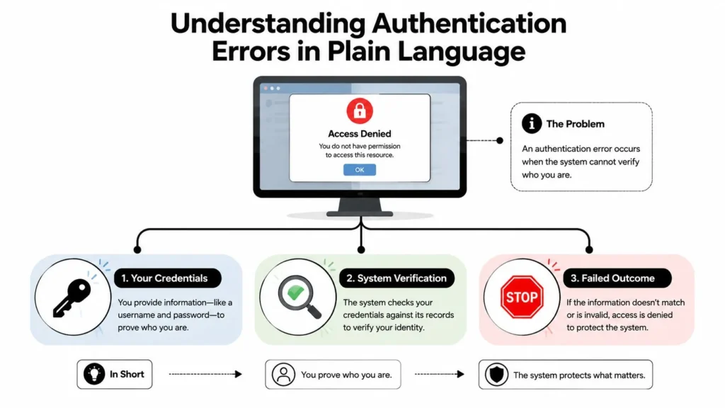 What Does Authentication Error Mean and How to Fix It Authentication error infographic explaining credentials, system verification, and access denial when identity cannot be confirmed.