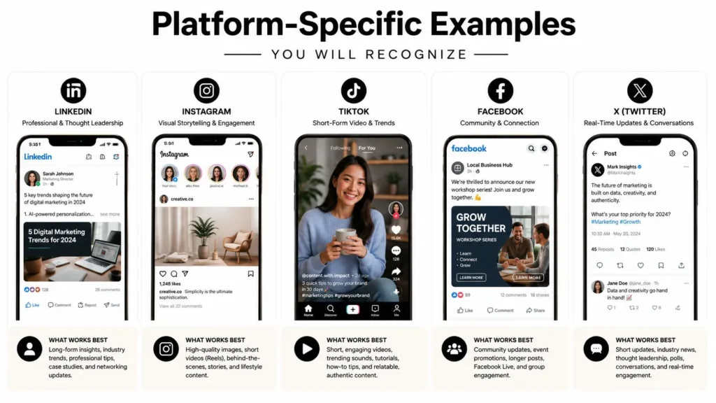 What Does Authentication Error Mean and How to Fix It Social media guide comparing LinkedIn, Instagram, TikTok, Facebook, and X with examples of content that works best.