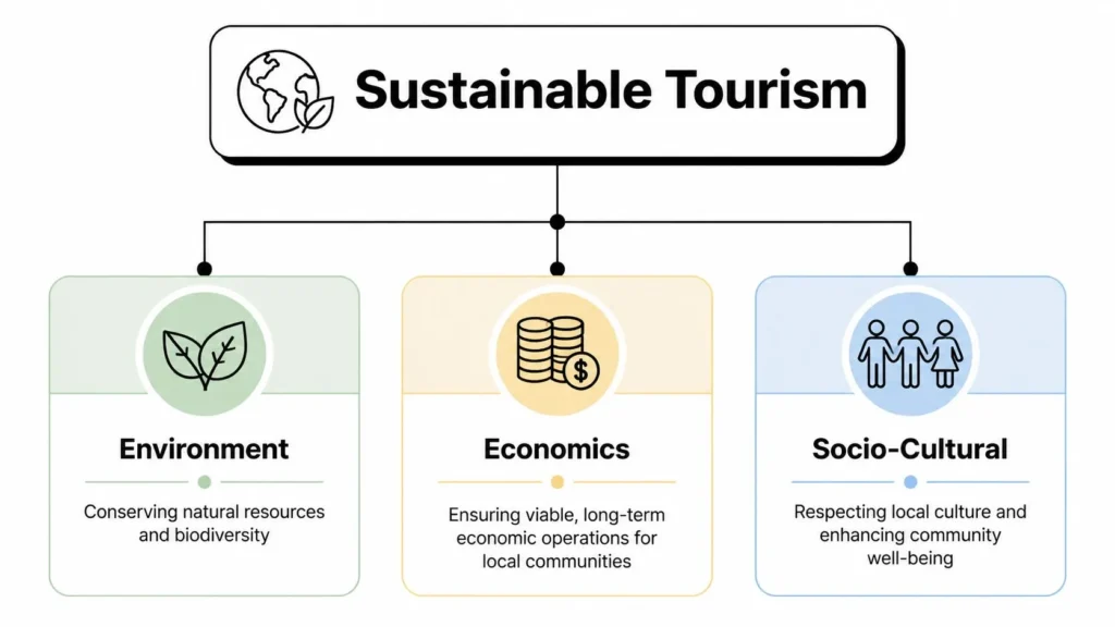 What Is Sustainable Tourism: Key Principles for 2026 Sustainable tourism infographic highlighting environmental, economic, and socio-cultural pillars for responsible travel.