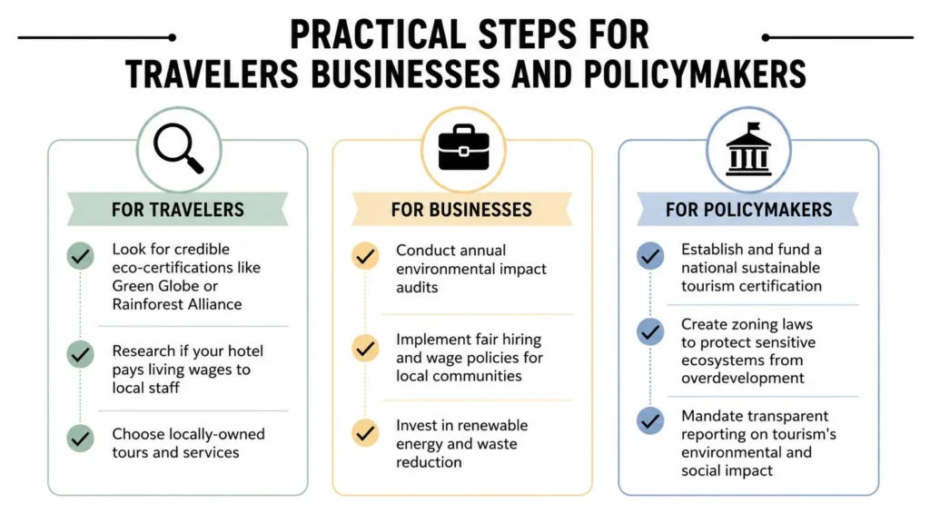 What Is Sustainable Tourism: Key Principles for 2026 Sustainable tourism infographic with practical actions for travelers, businesses, and policymakers to reduce tourism impacts.