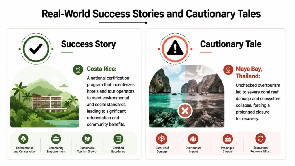 What Is Sustainable Tourism: Key Principles for 2026 Sustainable tourism case studies comparing Costa Rica’s conservation success with overtourism damage at Maya Bay, Thailand.