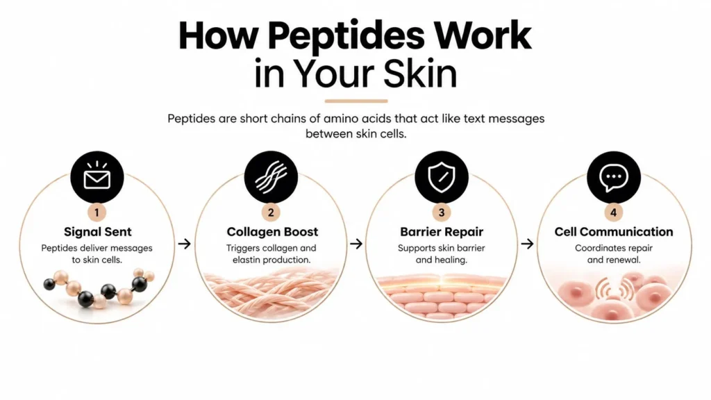 Infographic showing how peptides support skin signaling, collagen production, barrier repair, and cell communication.