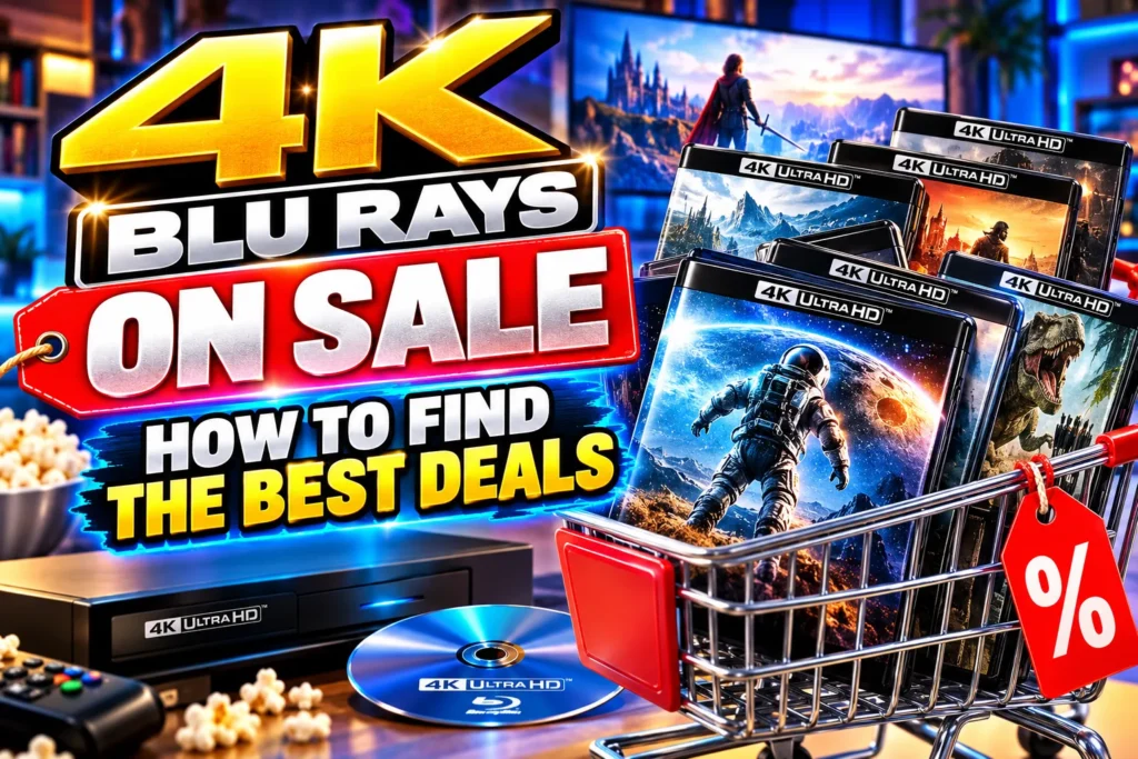 4K Blu-rays on sale with a shopping cart, movie discs, and tips for finding the best deals.