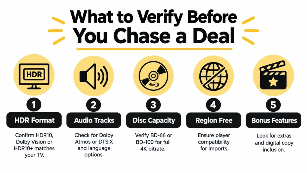 4K Blu-ray buying guide showing five checks: HDR format, audio tracks, disc capacity, region compatibility, and bonus features.