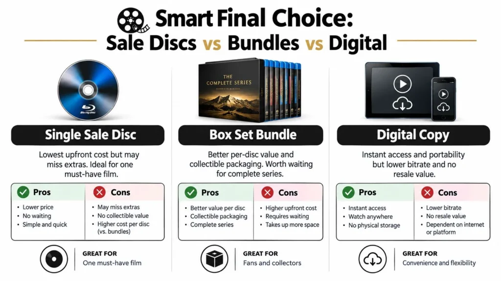Comparison of single Blu-ray discs, box set bundles, and digital copies, highlighting pros, cons, value, and convenience.