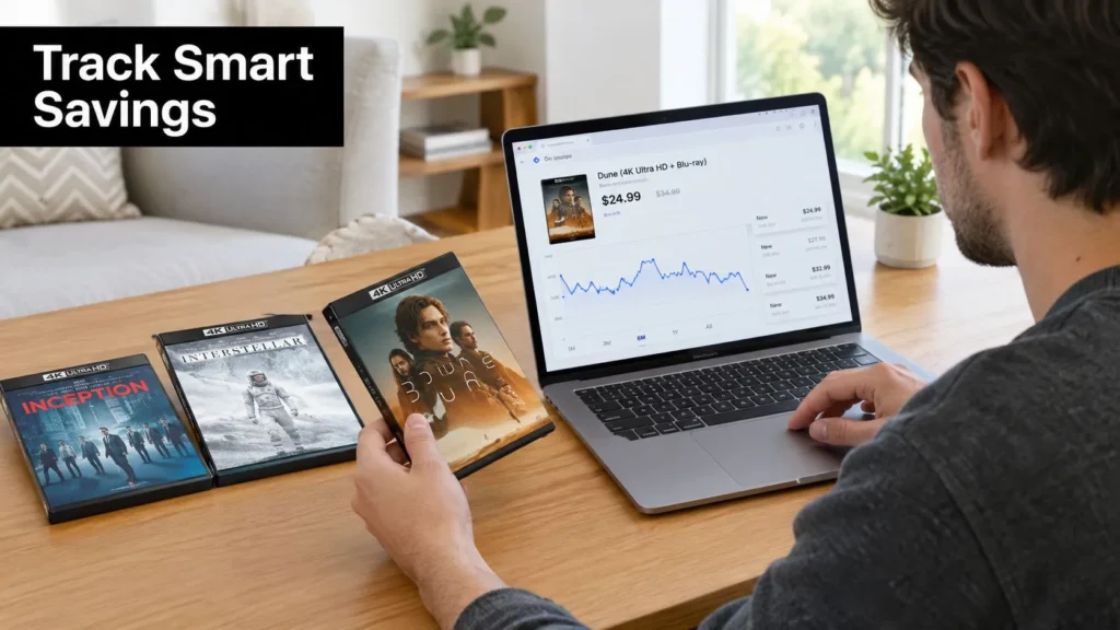Man tracking 4K Blu-ray prices on a laptop while holding a movie case, with “Track Smart Savings” text.