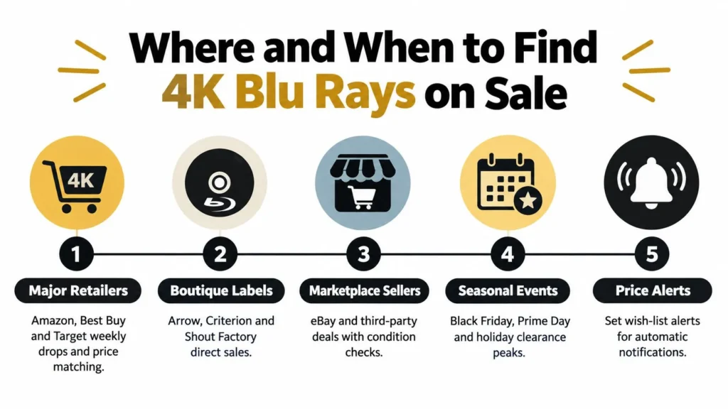 Guide to finding 4K Blu-rays on sale through retailers, boutique labels, marketplaces, seasonal events, and price alerts.