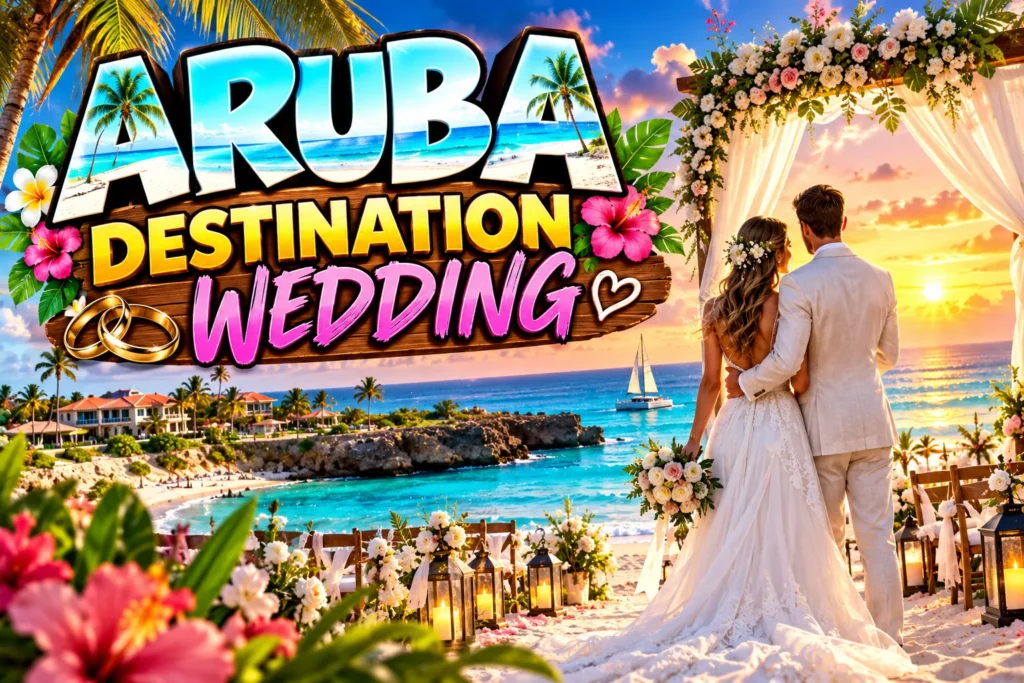 Aruba Destination Wedding: A Practical Planning Guide Aruba destination wedding at sunset with a bride and groom, tropical flowers, turquoise ocean, and beach ceremony.