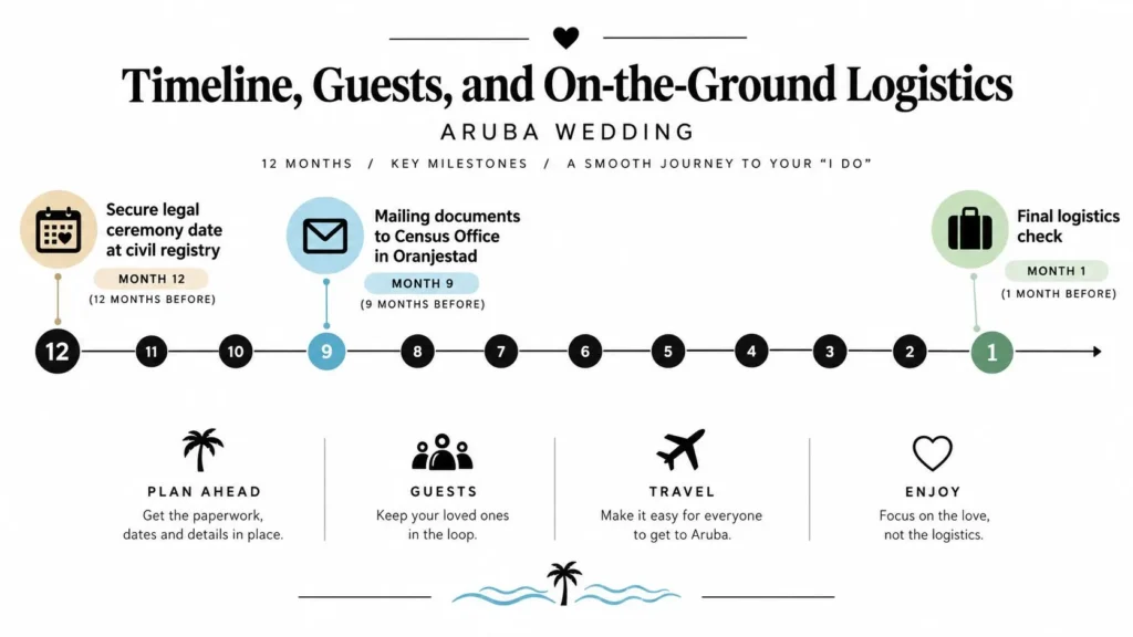 Aruba wedding planning timeline showing legal dates, document deadlines, guest coordination, travel, and final logistics.