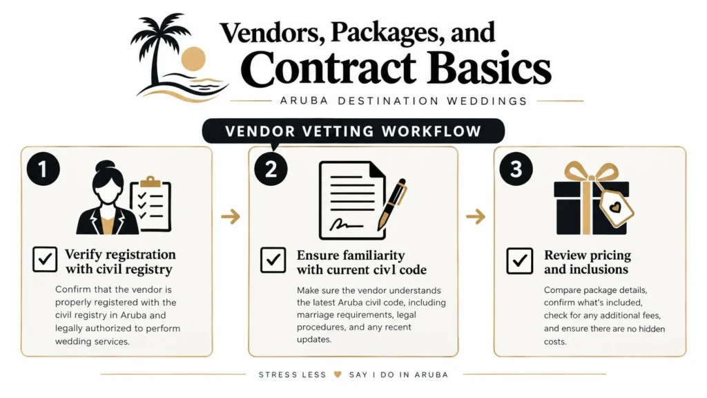 Aruba destination wedding infographic covering vendor vetting, civil registry checks, contracts, pricing, and package inclusions.
