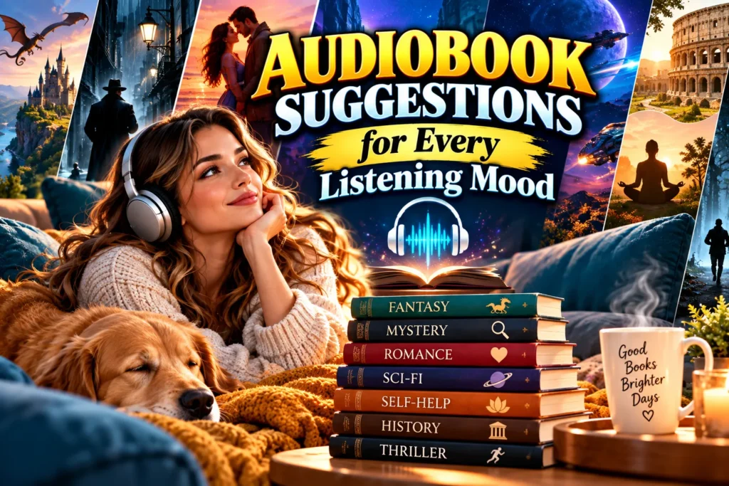 Woman wearing headphones with books, a sleeping dog, and scenes representing audiobook genres and listening moods.
