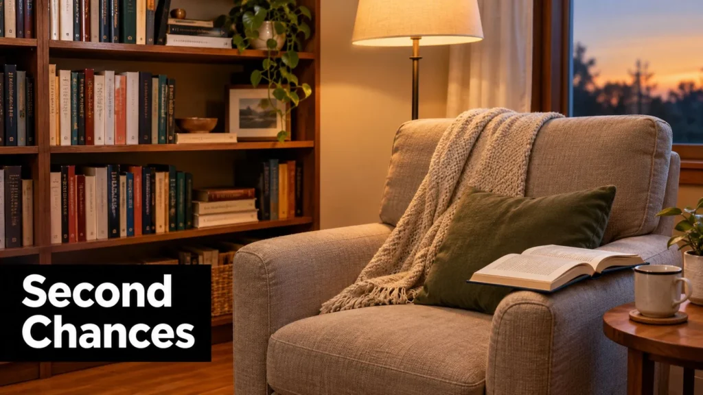 Cozy reading nook with an armchair, open book, coffee, bookshelf, and warm lamp at sunset.