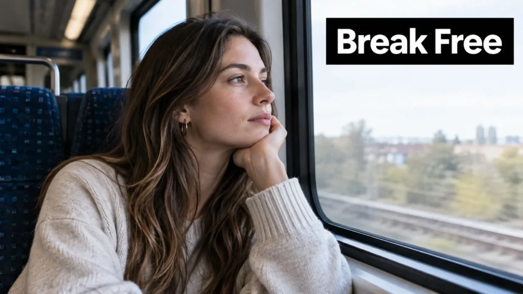 Woman sitting on a train and looking out the window during a relaxing break from her journey.