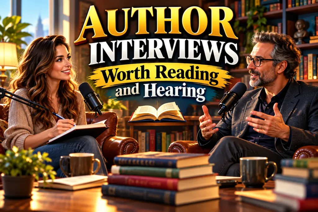 Author interview in a cozy library with microphones, books, and the title “Author Interviews Worth Reading and Hearing.”