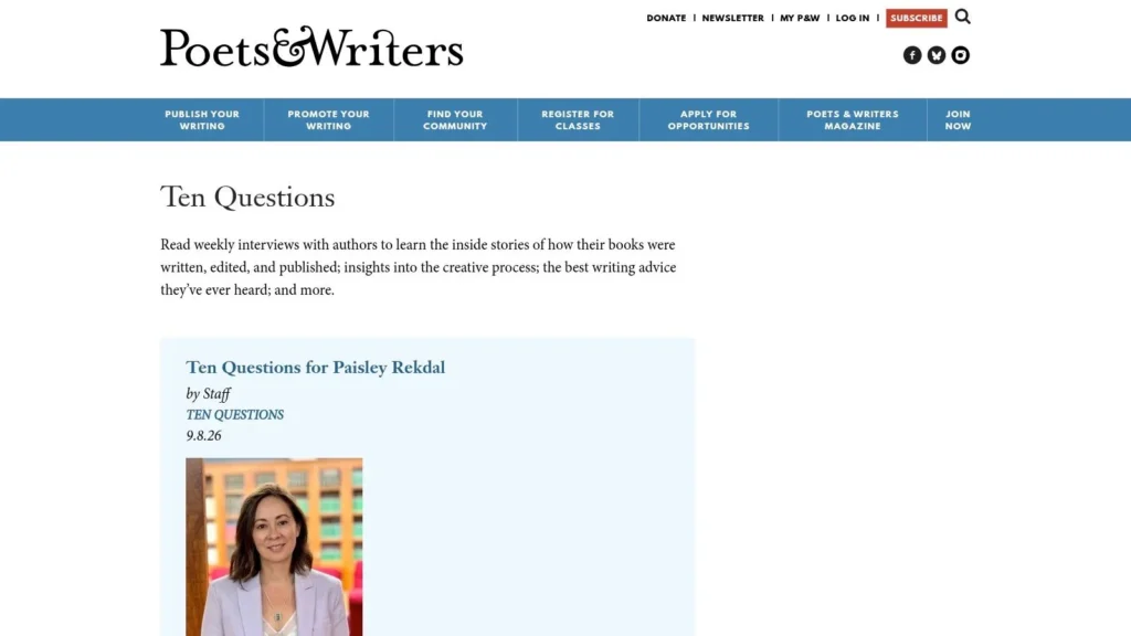 Poets & Writers Ten Questions page featuring an author interview with Paisley Rekdal and her portrait.
