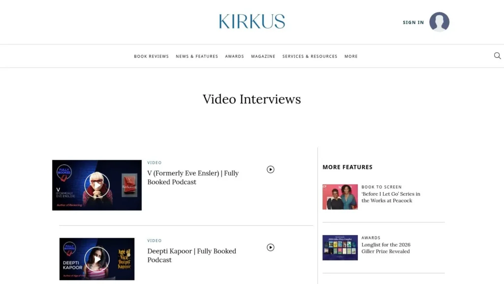 Kirkus Video Interviews page featuring Fully Booked podcast interviews with authors and book-related features.