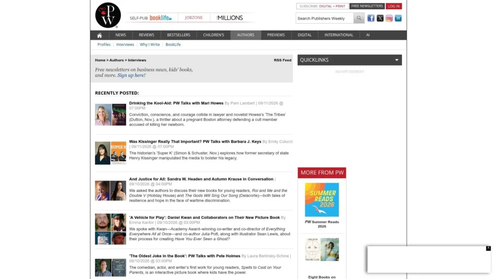 Publishers Weekly author interviews page featuring recent conversations with writers, book covers, and article summaries.