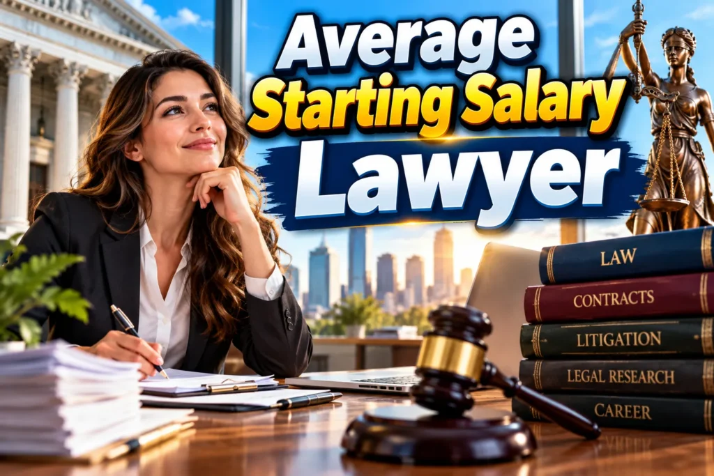 Young lawyer at desk with gavel, legal books, courthouse, and Lady Justice beneath an Average Starting Salary Lawyer title.