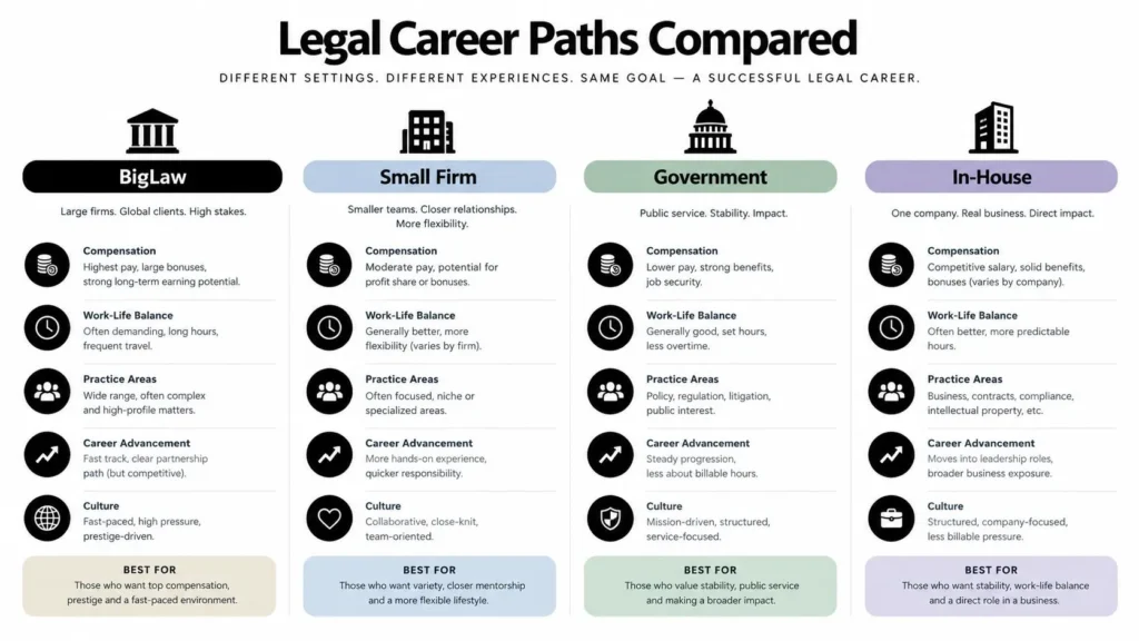 Comparison of BigLaw, small firm, government, and in-house legal careers, including pay, balance, culture, and growth.