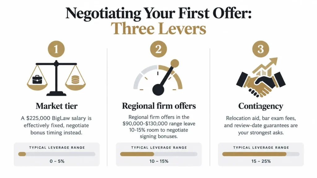 Infographic showing three negotiation levers for a first legal job offer: market tier, regional offers, and contingencies.