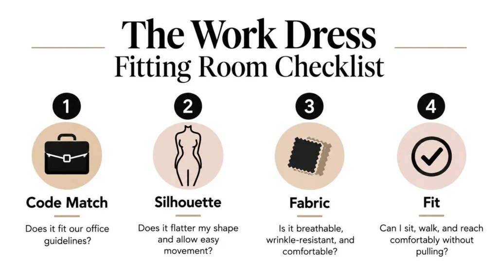 Work dress fitting checklist covering office dress code, silhouette, fabric quality, comfort, and fit.