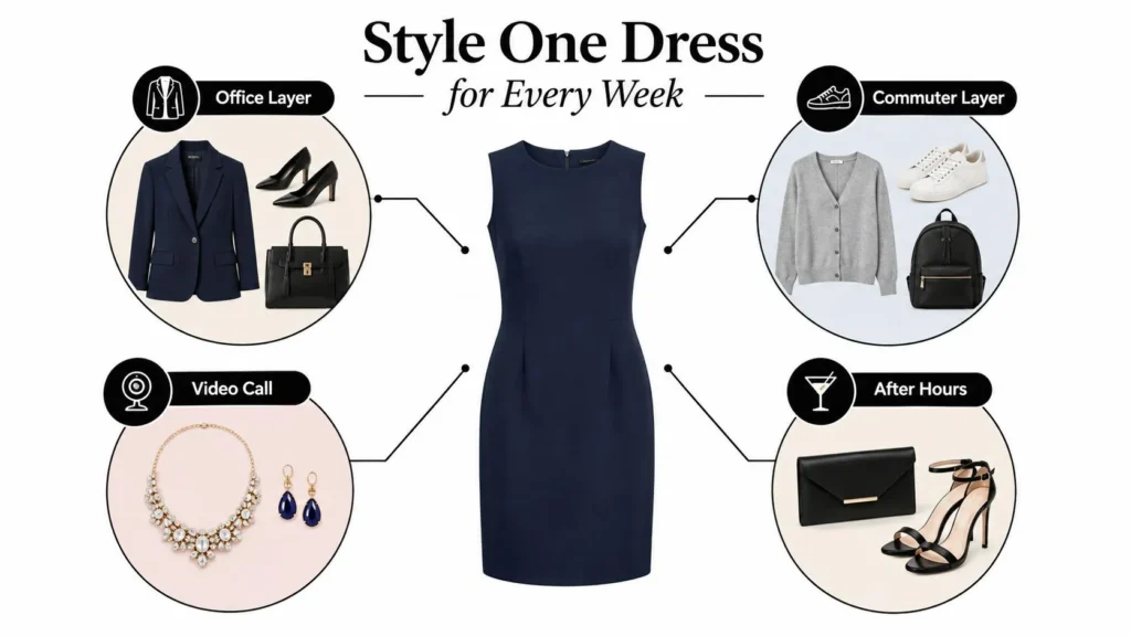 Styling guide showing one navy work dress paired with office, commuter, video call, and after-hours accessories.