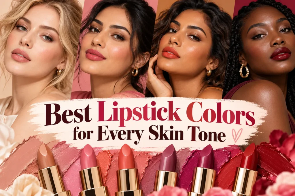 The 7 Best Lipstick Colors for Every Skin Tone Four women with different skin tones wearing flattering lipstick shades above a colorful row of lipsticks.