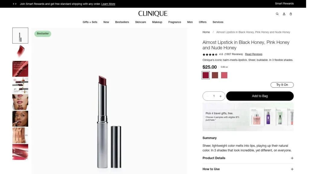 Clinique Almost Lipstick in Black Honey product page showing lipstick, three shades, price, reviews, and purchase options.