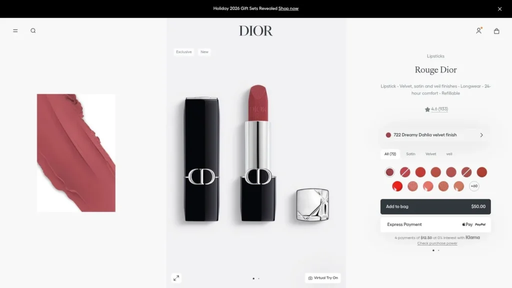 Dior Rouge Dior lipstick product page featuring Dreamy Dahlia shade, color swatches, price, and product images.