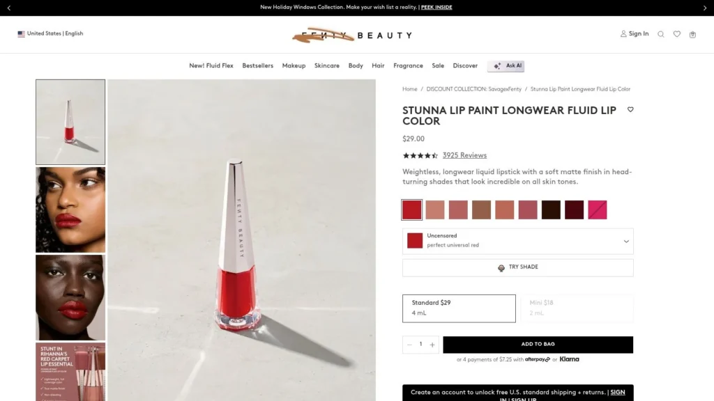 Fenty Beauty Stunna Lip Paint product page featuring Uncensored red liquid lipstick, shade options, reviews, and price.