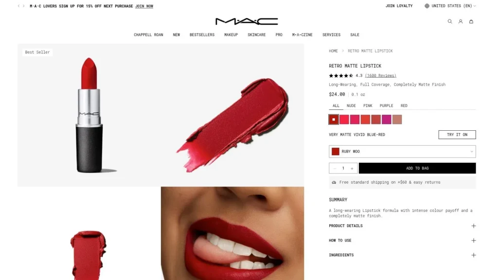 MAC Retro Matte red lipstick product page featuring Ruby Woo lipstick, color swatches, shade options, and model preview.