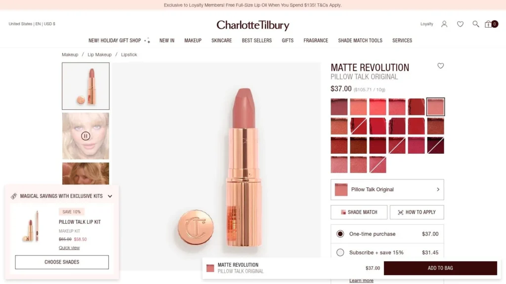 Charlotte Tilbury Matte Revolution Pillow Talk Original lipstick product page with lipstick image and multiple shade options.