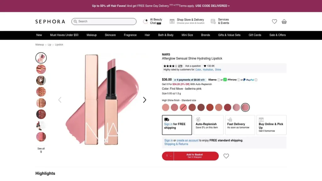 NARS Afterglow Sensual Shine Hydrating Lipstick product page at Sephora showing pink lipstick, shades, price, and reviews.