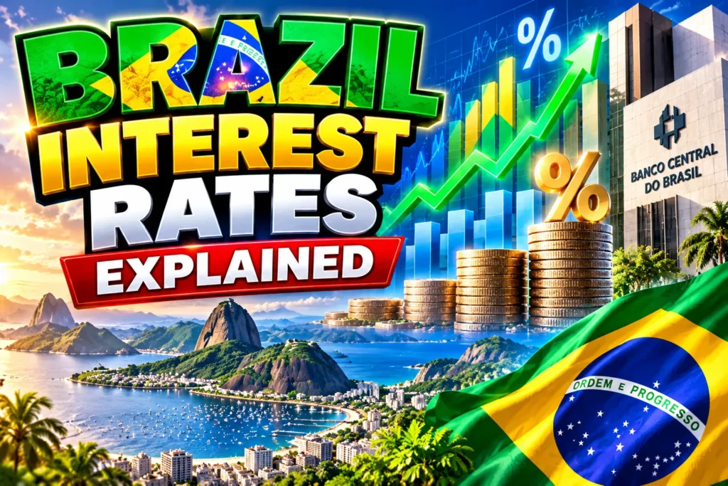 Brazil interest rates explained with rising charts, coins, the central bank, Rio de Janeiro, and the Brazilian flag.