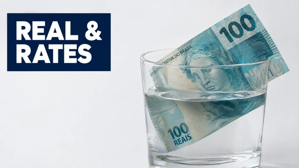 Brazilian 100-real banknotes partially submerged in a glass of water beside text reading “REAL & RATES.”