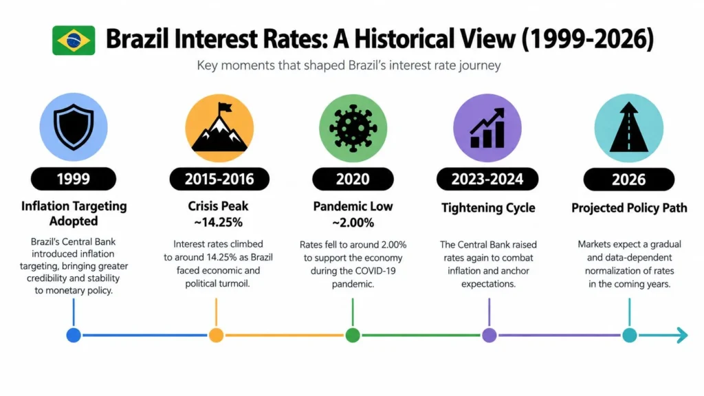Brazil interest rates timeline from 1999 to 2026, highlighting inflation targeting, crisis peaks, pandemic lows, and policy shifts.