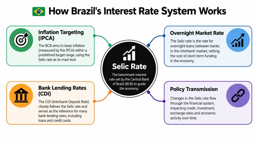 Brazil interest rate infographic explaining the Selic rate, inflation targeting, bank lending, overnight rates, and policy transmission.