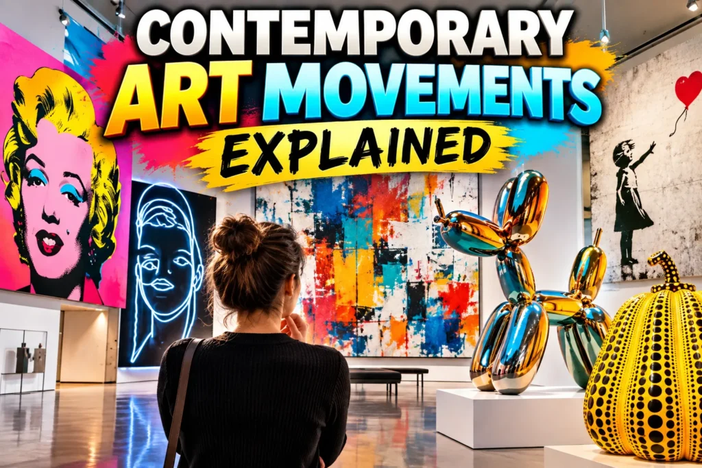 Colorful contemporary art gallery featuring abstract paintings, neon art, sculptures, and a visitor.