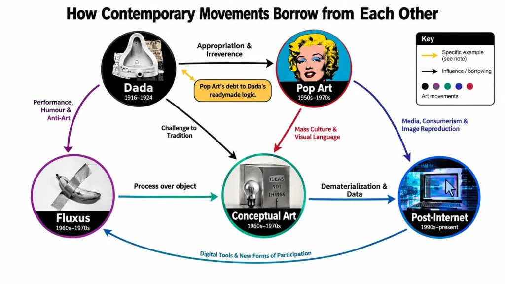 Diagram showing how Dada, Pop Art, Fluxus, Conceptual Art, and Post-Internet art influenced one another.