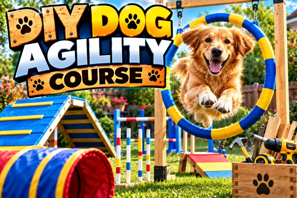 DIY Dog Agility Course: How to Build a Safe Home Setup DIY dog agility course with a Golden Retriever jumping through a hoop, ramps, weave poles, tunnel, and tools.