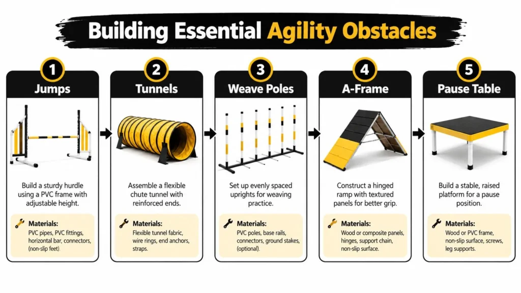 DIY dog agility obstacles guide featuring jumps, tunnels, weave poles, A-frame, and pause table.