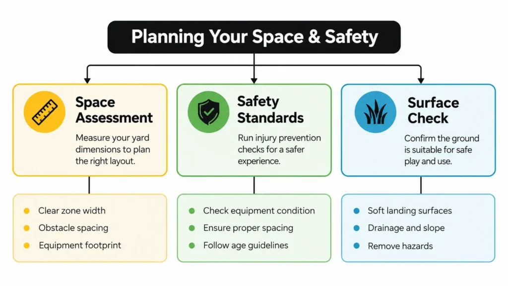 DIY dog agility course planning infographic covering space assessment, safety standards, and surface checks.