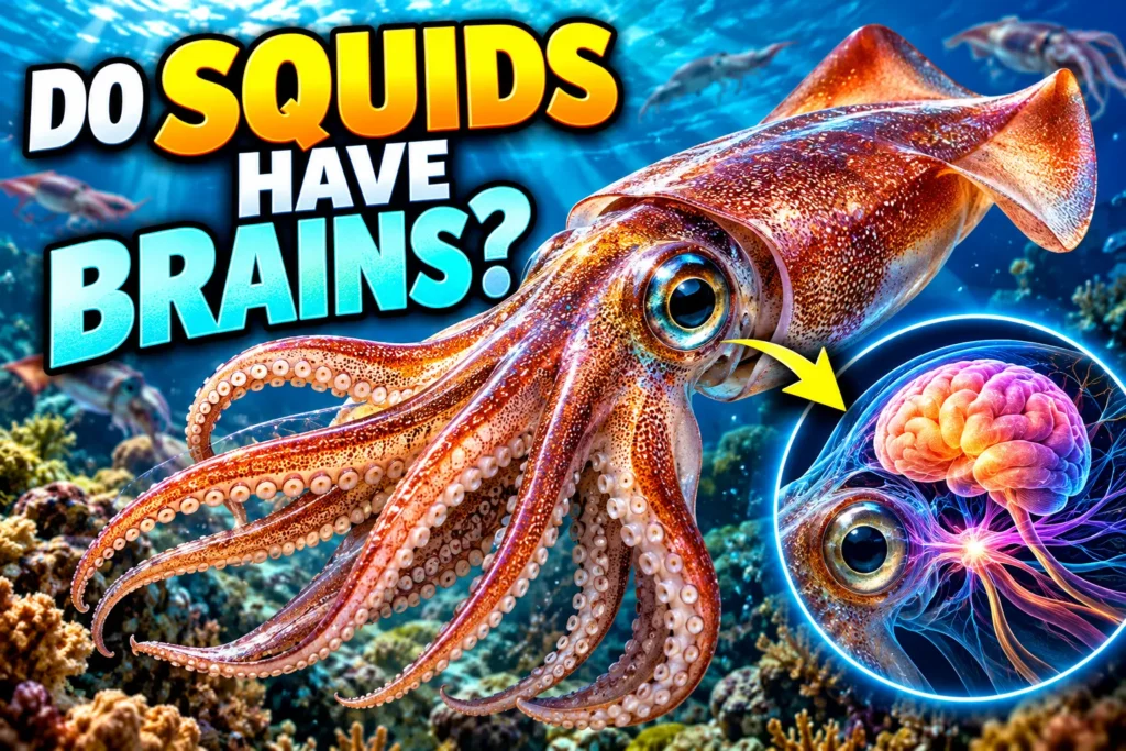 Colorful squid underwater with a highlighted brain illustration and the question “Do Squids Have Brains?”