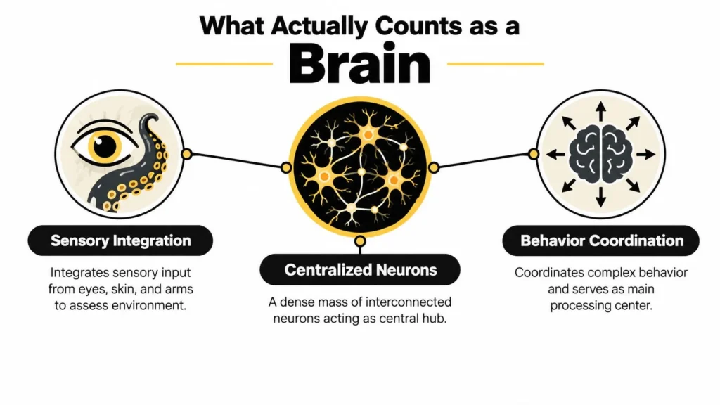 Infographic explaining brain criteria: sensory integration, centralized neurons, and coordination of complex behavior.