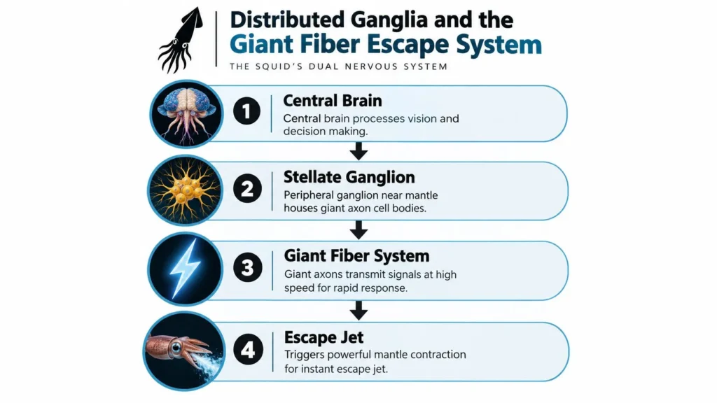 Infographic showing the squid nervous system, from the central brain and giant fibers to its rapid escape jet.