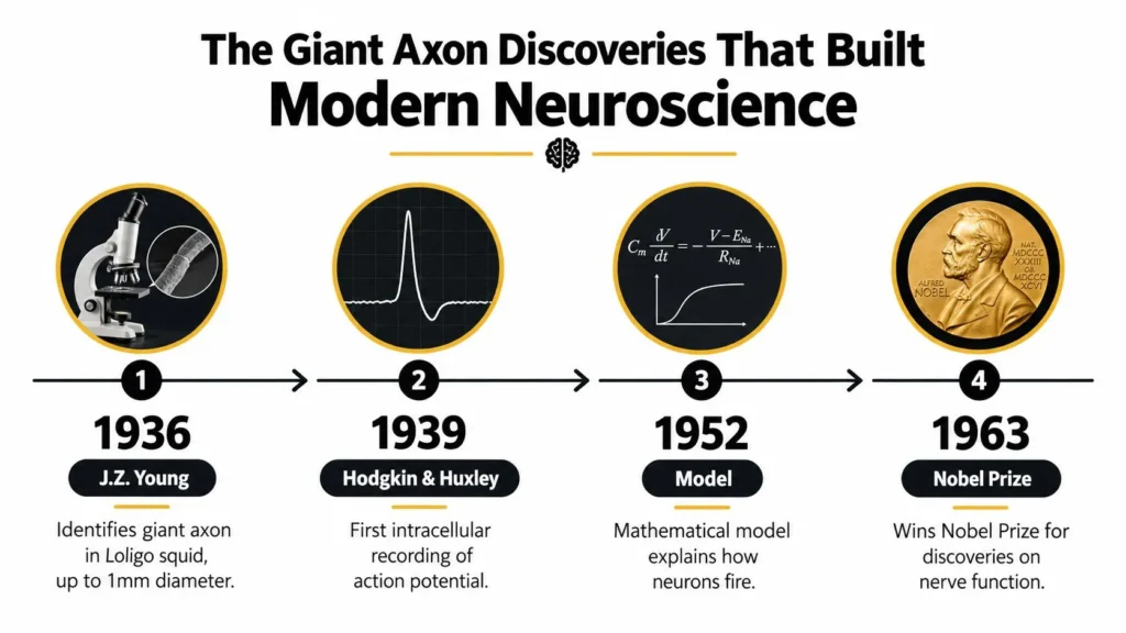 Timeline of giant squid axon discoveries from 1936 to 1963 that helped establish modern neuroscience.